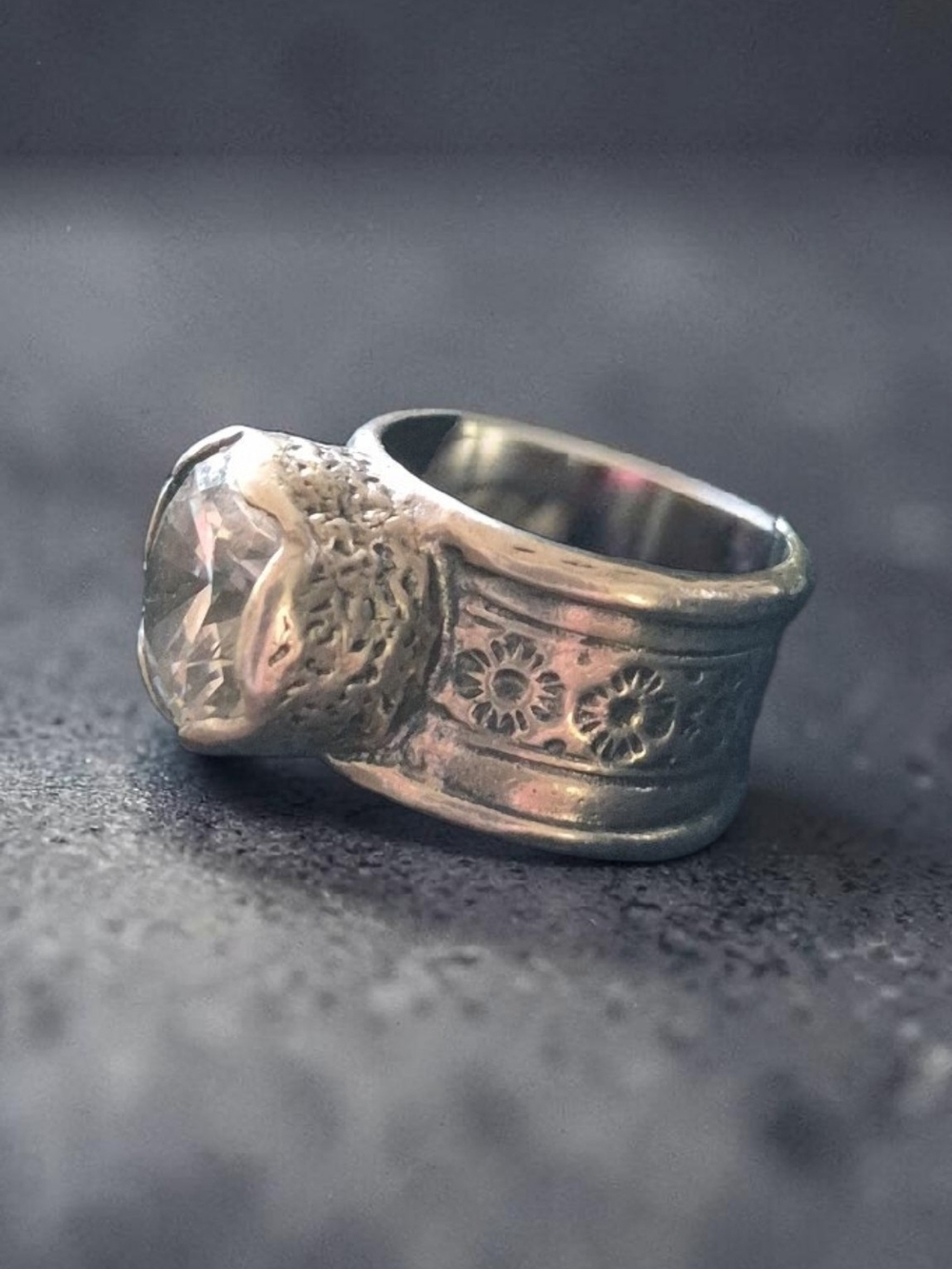 Silpada Silver Floral-Engraved Ring with Clear Stone (retired)